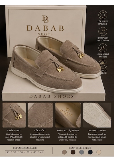 Dabab Shoes Lupy Kadın Vizon Süet Loafer Ayakkabı Gold Aksesuarlı Ortopedik Rahat Taban Casual Babet