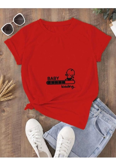 Kozia Outdoors Kadın Baby Loading. Baskılı Oversize Basic T-shirt Kirmizi