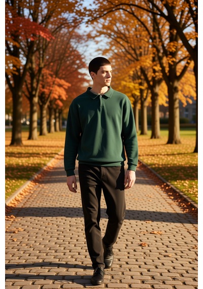 Benerly Erkek Polo Yaka Standart Kol Oversize Kalın Çıtçıtlı Sweatshirt F Yeşil