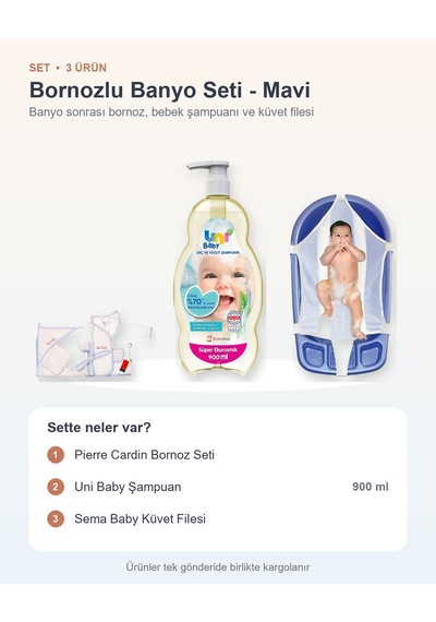 Bornozlu Banyo Seti 3 Parça: Bornoz Seti + Uni Baby Şampuan + Sema Baby Küvet Filesi - Mavi