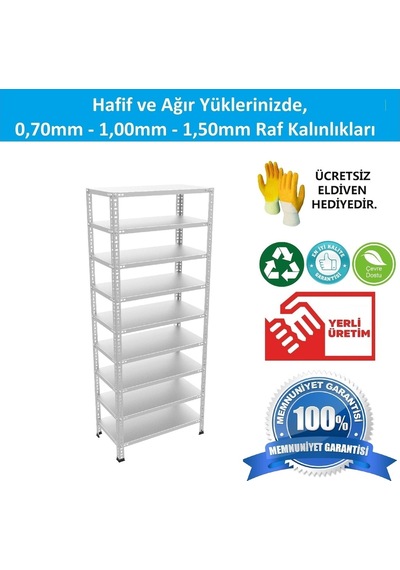Raf Burada  9 Katlı Galvaniz Çelik Raf - Depo, Arşiv, Kiler, Dosya, Market Rafı-31x75x200 cm- 0.70 mm