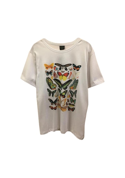 Tarzsokak Mavi Unisex Beyaz Kelebek Baskılı Tişört Klbk85612