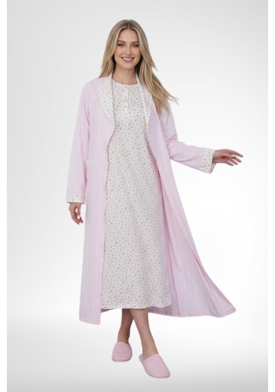 Mecit Pijama Mecit 6382 Pembe Kadın Uzun Sabahlıklı Uzun Kollu Gecelik Takım