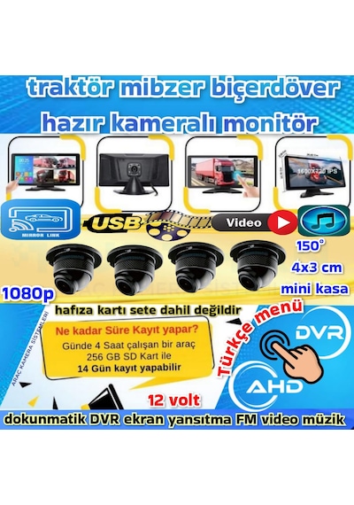 4 Adet 1080p Ahd 150'' Ultra Mini Kamera Dvr Dokunmatik Ekran Video Müzik 12 V