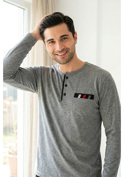 Mataş Erkek Gri Viskon Karışımlı Uzun Kollu Düğmeli Biyeli Soft Pijama Takımı