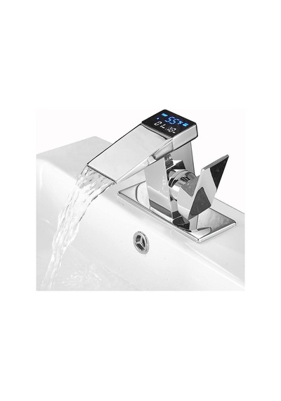 Rena Design Dijital Sıcaklık Göstergeli Krom Lavabo Bataryası Musluğu Çiftgirişli Krom Armatür Sayaç Ekran Yeni Inox