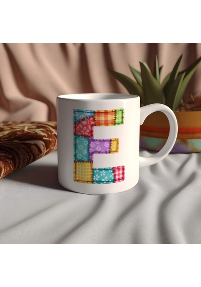 E Harfi Renkli Yamalı Tasarım Kupa Bardak - Bohem Patchwork Desenli Kupa - Etnik Hediyelik Beyaz