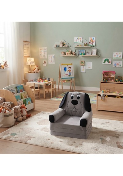 Missidea Sevimli Köpek Figürlü 3 Minderli Gri Katlanır Çocuk Koltuğu Ve Yatağı