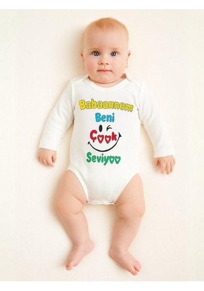 Zekids Bebek Babaannem Beni Çok Seviyor Yazılı Pamuklu Uzun Kol Çıtçıtlı Body-16095 Ekru