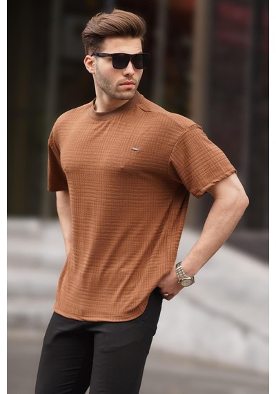 Madmext Kahverengi Oversize Bisiklet Yaka Erkek Tişört 6191-kahverengi Kahverengi