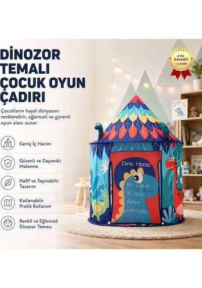 Dinozor Temalı Çocuk Oyun Çadırı Katlanabilir Ve Taşınabilir-1430 Açık Mavi