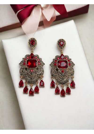 Kristal Taşlı Su Damlaları Sallantılı Küpe Kırmızı