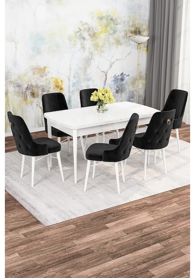 Zümra Serisi, Beyaz 80x132 Açılabilir Mdf Mutfak Masası Takımı 6 Adet Sandalye Siyah