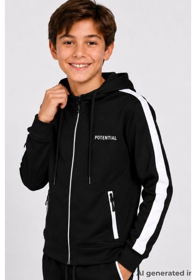 Pina Kids Erkek Çocuk Scuba Potential Kalın Şeritli Kapüşonlu Dalgıç Kumaş Eşofman Takımı Esf7026 siyah
