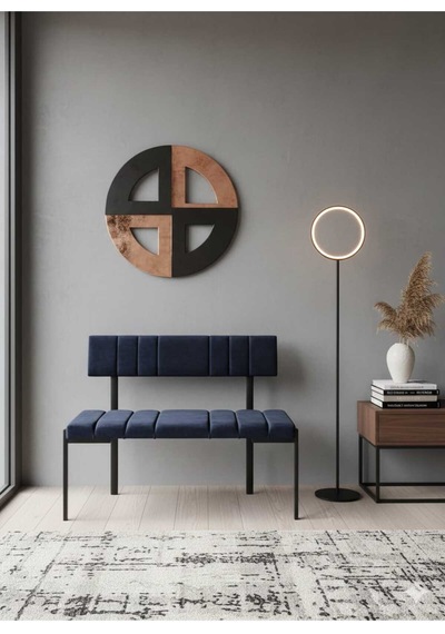Özcan Metal Metal Siyah Ayaklı Sırtlı Mutfak Salon Antre Yatak Odası Balkon Puf Bank Oturak Bench Lacivert