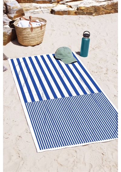 Çizgili Marine Mavi Beyaz Plaj Havlusu - Minimalist Nautical Modern Hızlı Kuruyan Mikrofiber Havlu Çok Renkli