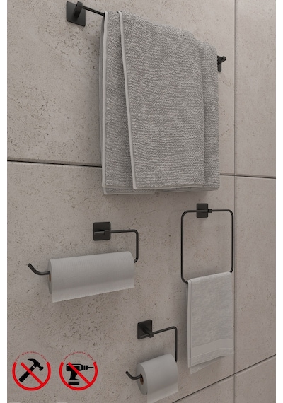 Jasmin Kare Siyah Yapışkanlı 4'lü Banyo Seti - Kağıtlık, Solo Havluluk, Kare Havluluk, Uzun Havluluk Diğer