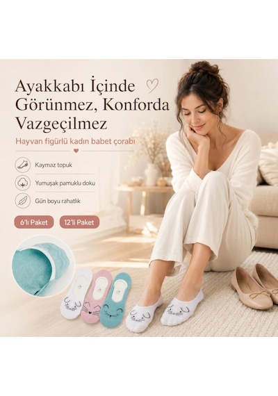 Çorap Giyim Kadın Hayvan Figürlü Görünmez Ekonomik Babet Çorabı 12 Li Paket Kaymaz Topuklu Pamuklu Ekru, Pembe, Nane Yeşili Çok Renkli
