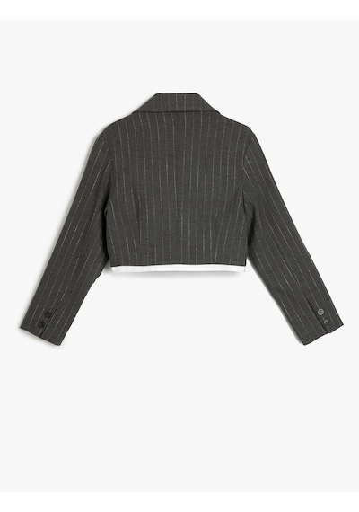 Koton Kruvaze Yaka Uzun Kollu Düğme Detaylı Crop Blazer Ceket Gri Çizgili 5skg20023aw Gri Çizgili Gri