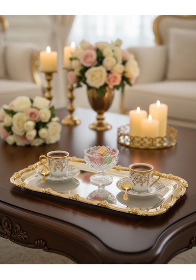 Gold- Gümüş Nişan Tepsisi Dikdörtgen Sunum Tepsisi Söz & Nişan Yüzük Tepsisi, Kahve Sunum Tepsisi Altın - Gümüş