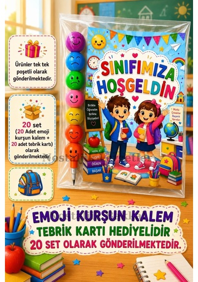20 Adet Okula Yeni Başlayan Öğrencilere Sınıfımıza Hoşgeldin Yazılı Hediye Seti 1. Sınıf- Sene Başı Hatırası Emoji Kurşun Kalem Tebrik Kartı Hediyeli