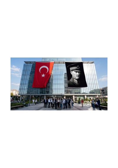 Askeri Kıyafeti İle Mustafa Kemal Atatürk Bayrak Ve Türk Bayrağı Premium Raşel Kumaş 2'li Set 10x15 Metre Ata44 Diğer