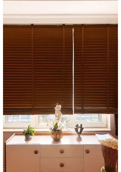 Ceviz Renk Gerçek Ahşap Jaluzi 50mm Zincirli Redüktörlü Kurdelalı Ajs1003 Ceviz