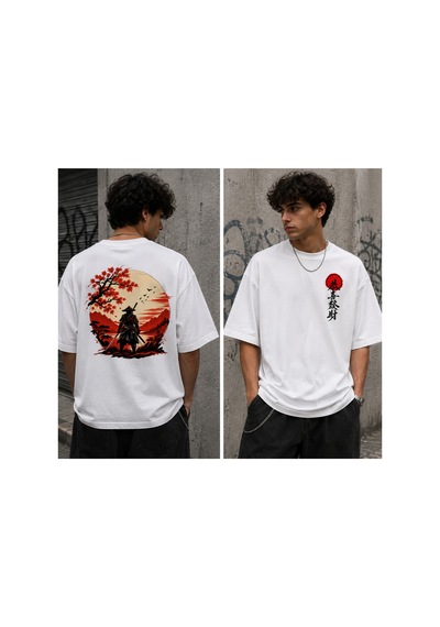 Qmen Style Unisex Beyaz Oversize Baskılı T-shirt Japon %100 Pamuk