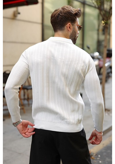 Madmext Beyaz Düğmeli Polo Yaka Desenli Over Fit Erkek Triko Kazak E7520