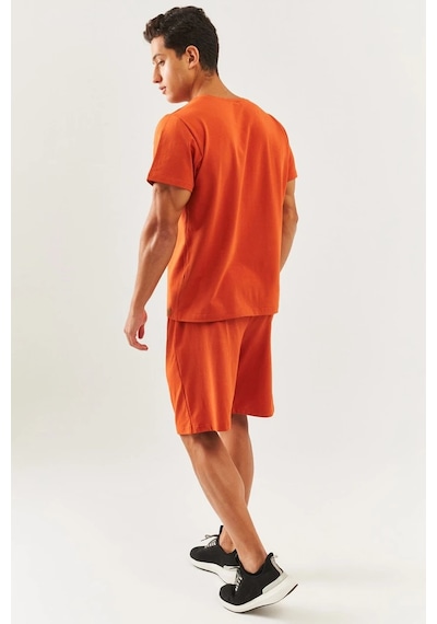 Erkek Oversize Rahat %100 Pamuklu Penye Bisiklet Yaka Kısa Kol Basic T-shirt KIREMIT