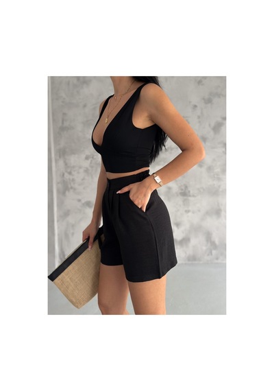 Winmoda34 Kadın Trend Keten Şort 2 Cep siyah