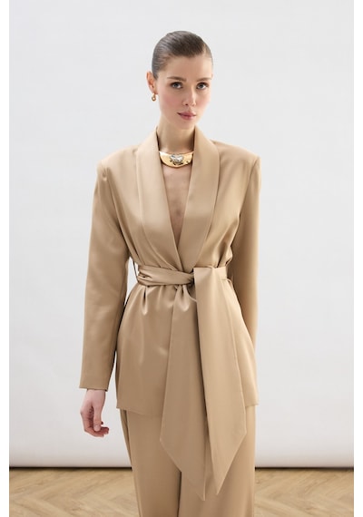 Sateen Kuşaklı Saten Ceket - Camel-137008 CAMEL