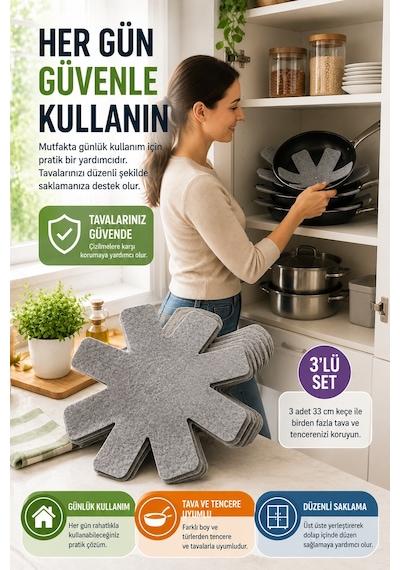 3'lü Gri Tava Çizdirmez Keçe Koruyucu 33 Cm Tava Tencere Ayırıcı Çizik Önleyici Organizer Set