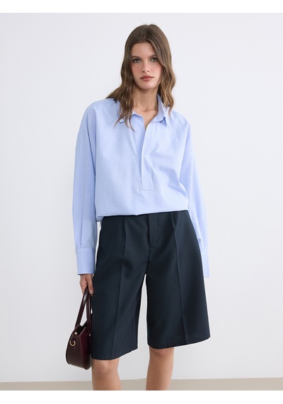 Lcwaıkıkı Classic Mavi Gömlek Yaka Oversize Oxford Bluz