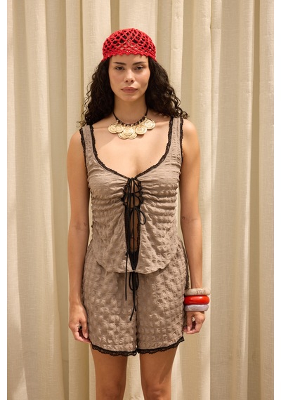 Mai Collection Celeste Dantel Detay Vizon Crop Şort Takım