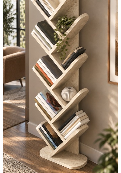 Sulorahome 10 Raflı Ekru Kitaplık 147 Cm Traverten Desenli Dikey Kütüphane
