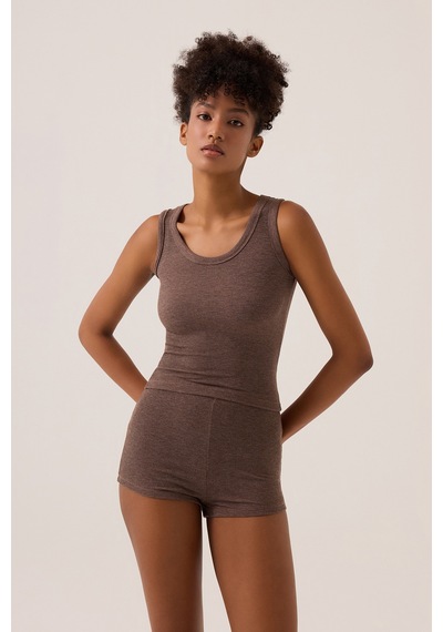 Los Ojos X Ece Kahverengi Modal Kumaşlı Askılı Şortlu Pijama Takımı Ribbed Pj3 Kahverengi Kahverengi
