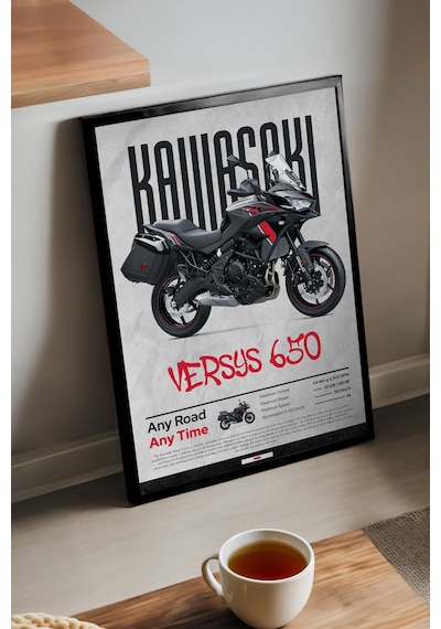 Kawasaki Versys 650 Siyah Ahşap Çerçeveli Poster, Dekoratif Motosiklet Duvar Tablosu