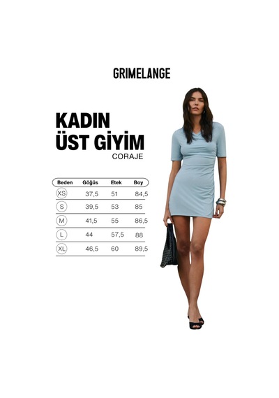 Grımelange Coraje Kadın Yumuşak Ve Esnek Kumaşlı Kruvaze Yakalı Büzgü Detaylı Mini Mavi Elbise