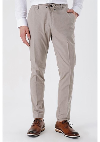 İmza Koyu Bej Çizgili Armürlü % 100 Pamuk Yan Cep Slim Fit Dar Kesim Casual Pantolon 1003230159-koyu Bej Koyu Bej