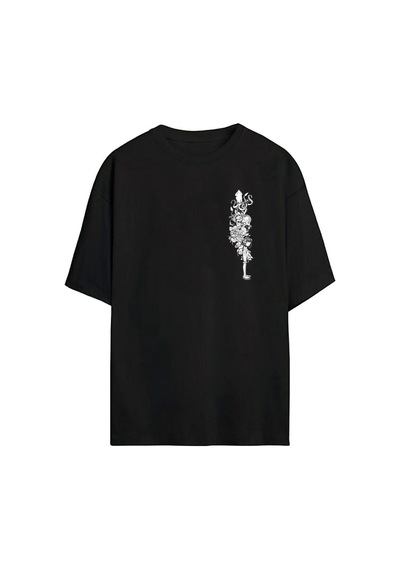 Thewert Unisex Ahtapot Ve Kız Baskılı Siyah Oversize Tshirt