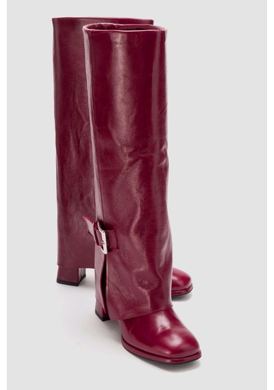 Luvishoes Lojo Bordo Kırışık Rugan Hakiki Deri Tokalı Kadın Kalın Topuklu Çizme Bordo