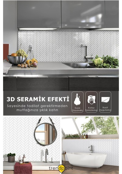 Trendpoint 3d 30 30cm Mutfak Tezgah Arası Kaplama Kendinden Yapışkanlı Balıksırtı Beyaz Görünüm