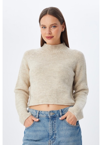 Mixray 6854 Kadın Dik Yaka Bütün Crop Triko Kazak Naturel Naturel