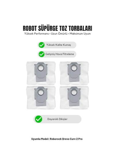 Roborock Qrevo Curv 2 Pro İle Uyumlu 4'lü Toz Torbası 18.0
