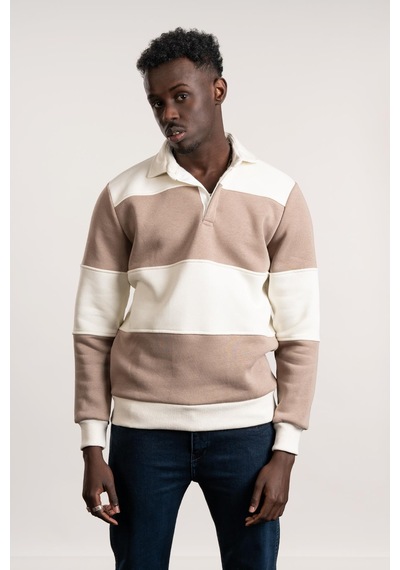 Fbı Polo Yaka Kalın Çizgili 3 İplik İçi Şardonlu Slimfit Sweatshirt Kahverengi