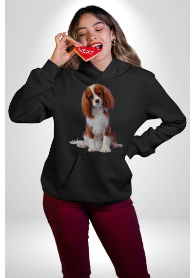 Cavalier King Charles Spaniel Kadın Erkek Siyah Kapüşonlu Sweatshirt Hoodie Siyah