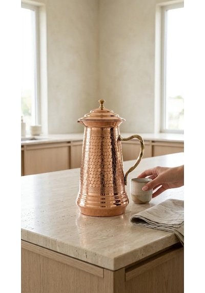 Aura Copper Bakır Sürahi 2 Litre Kapaklı İçi Kalaylı Geleneksel Desenli İbrik