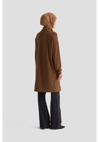Armine Trend Yarım Fermuarlı Kolları Ribanalı Cepli Örme Tunik Taba 25kt461 Taba