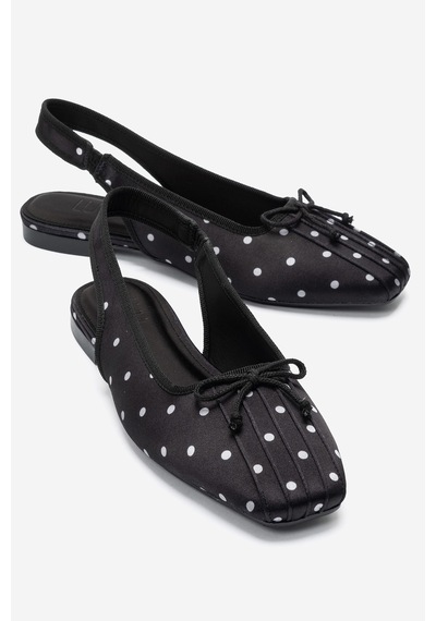 Luvi Shoes Zelvıa Siyah Beyaz Puantiyeli Fiyonklu Arkası Açık Kadın Babet Ayakkabı